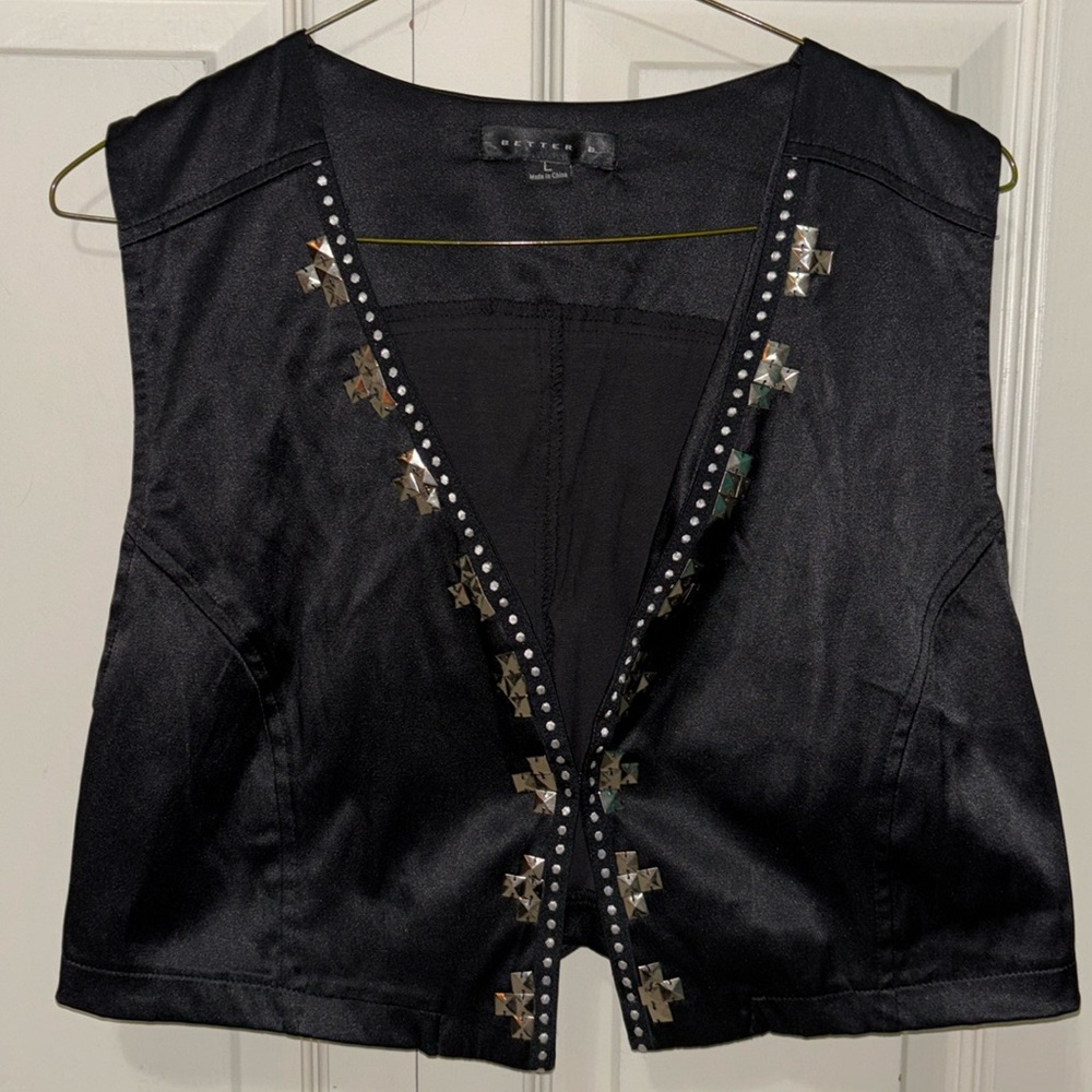 Vintage Better B. Black Y2K Satin Studded Sleeveless Vest Cropped Sleeveless